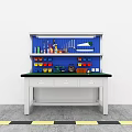 Organized Hardware Tools Workbench With Blue Pegboard And Storage Drawers