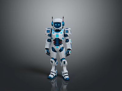Game Movie Robot Character With White Blue Armor Mechanical Design And Glowing Accents 3d model