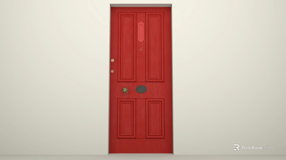 Red Swing Door With Wooden Panel Design And Brass Handle Lock 3d model