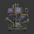 Retro Robot Made With Multiple Vintage TV Screens Tracked Base And Antenna