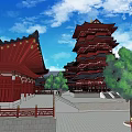 Ancient Chinese Architecture With Pagoda Towers Black Tiled Roofs Red Pillars And Green Trees