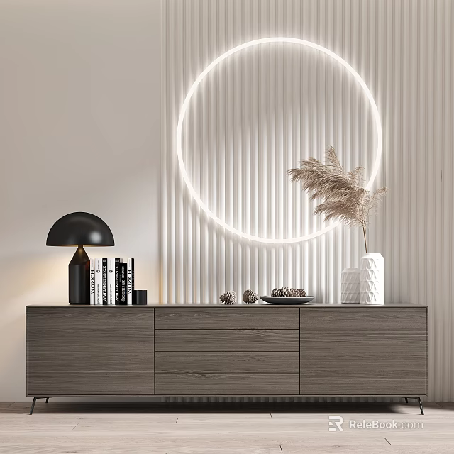 Modern TV Stand with Circular LED Light Vertical Slats Wall Table Lamp and Pampas Grass 3d model 