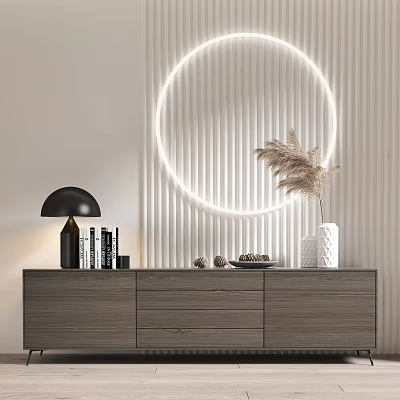 Modern TV Stand with Circular LED Light Vertical Slats Wall Table Lamp and Pampas Grass 3d model