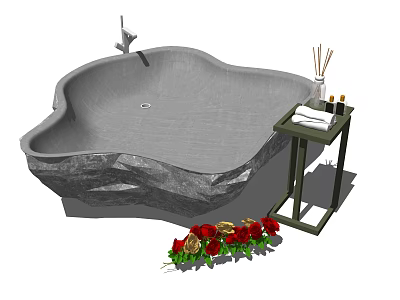 Natural Shaped Stone Bathtub With Side Table Towels Aromatherapy Sticks And Red Roses 3d model