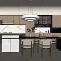 Modern Restaurant Kitchen with Wooden Cabinets White Pendant Light Marble Countertop Dining Table and Chairs
