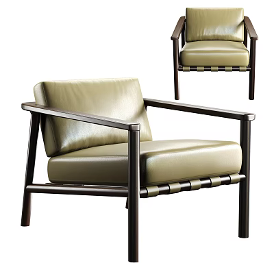 Beige Leather Upholstered Single Sofa With Black Wooden Armrests And Woven Base 3d model