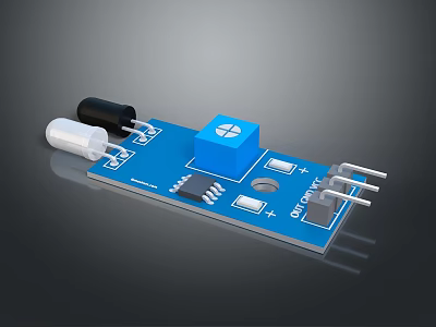 Blue Electronic Sensor Circuit Board Module With Square Cylindrical Components And Metal Pins 3d model