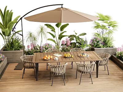 Outdoor Table with Wicker Chairs Large Beige Parasol and Green Plants on Wooden Deck 3d model