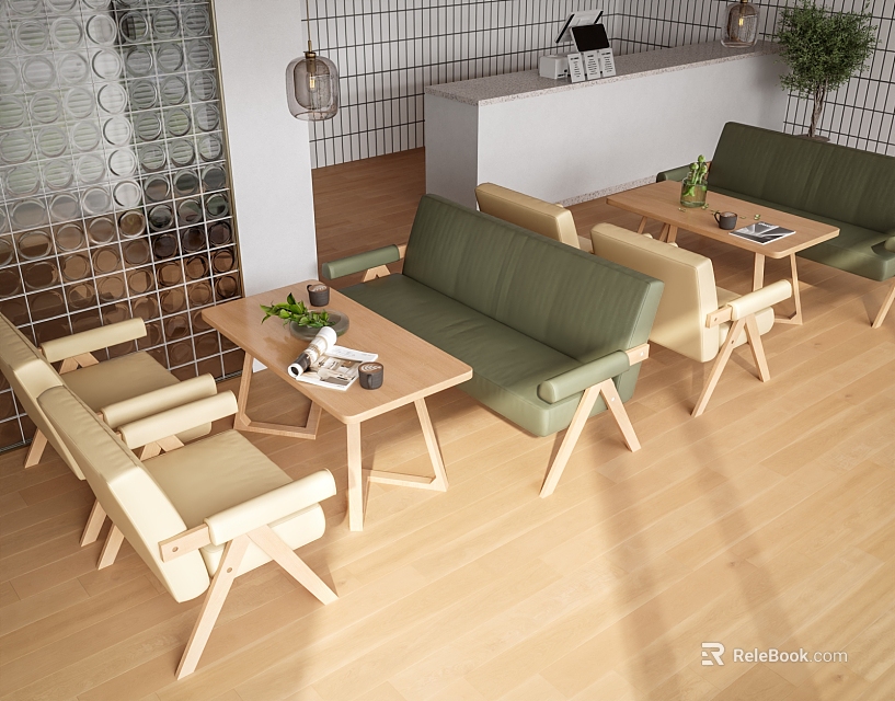 Modern Cafe Interior With Green Sofas Beige Chairs And Wooden Tables Design 3d model 