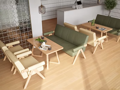 Modern Cafe Interior With Green Sofas Beige Chairs And Wooden Tables Design 3d model