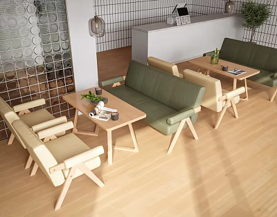 Modern Cafe Interior With Green Sofas Beige Chairs And Wooden Tables Design 3d model