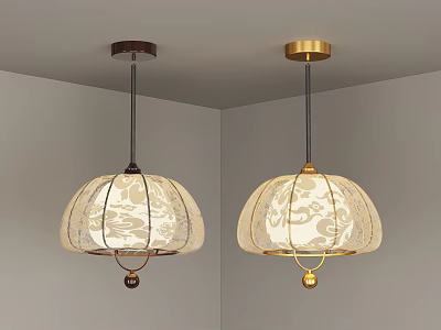 Traditional Chinese Pendant Lights with Dark Brown and Gold Bases and Beige Patterned Lampshades 3d model
