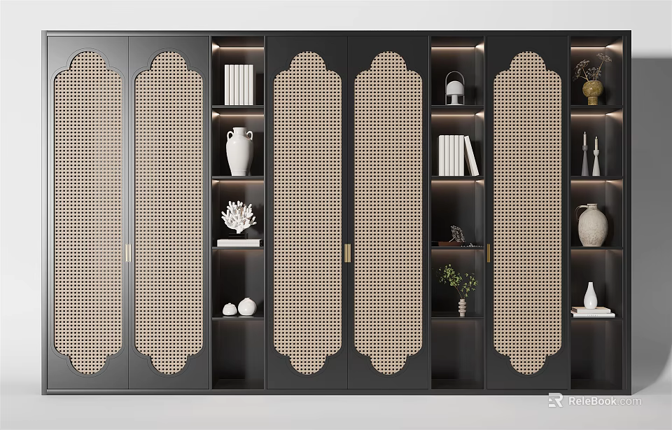 Chinese Modern Decorative Cabinet With Beige Lattice Doors And Black Body Showcasing Vases Books Ornaments 3d model 