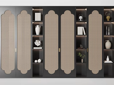 Chinese Modern Decorative Cabinet With Beige Lattice Doors And Black Body Showcasing Vases Books Ornaments 3d model