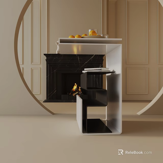 Cozy Modern Side Table With Fruits Cup And Fireplace Fire 3d model 