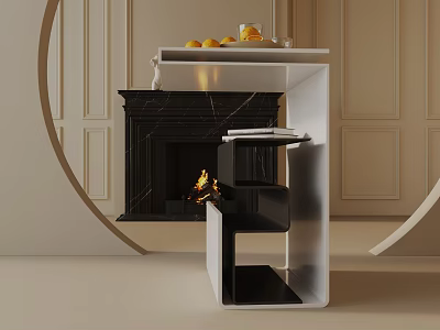 Cozy Modern Side Table With Fruits Cup And Fireplace Fire 3d model