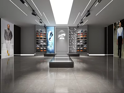 Modern Sports Footwear And Apparel Store With Sneakers Display Shelves And Mannequins 3d model