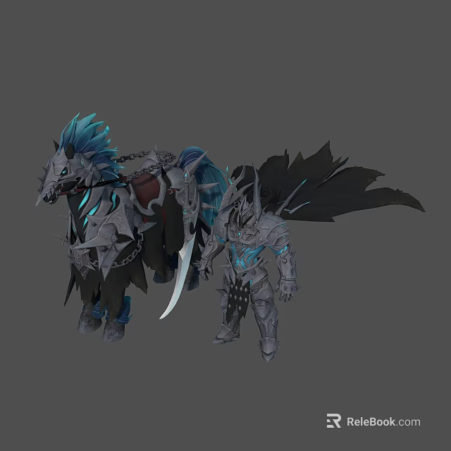 Armored Fantasy Warrior Standing Beside Blue Mane Horse With Mythical Armor And Black Wings 3d model 