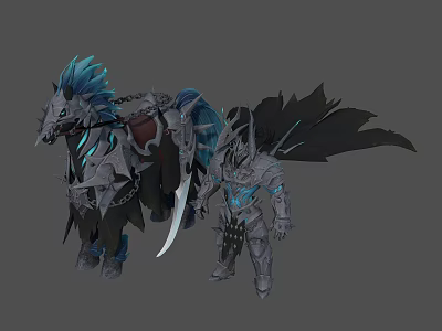 Armored Fantasy Warrior Standing Beside Blue Mane Horse With Mythical Armor And Black Wings 3d model