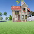 Cartoon House With Red Tiled Roof Chimney Palm Trees Green Lawn And Blue Sky