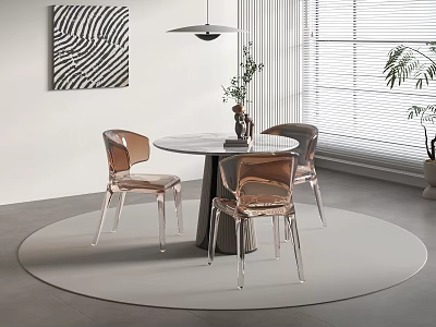 Round Meeting Table and Transparent Chairs with Vase Plants Decorative Painting Pendant Light and Window 3d model