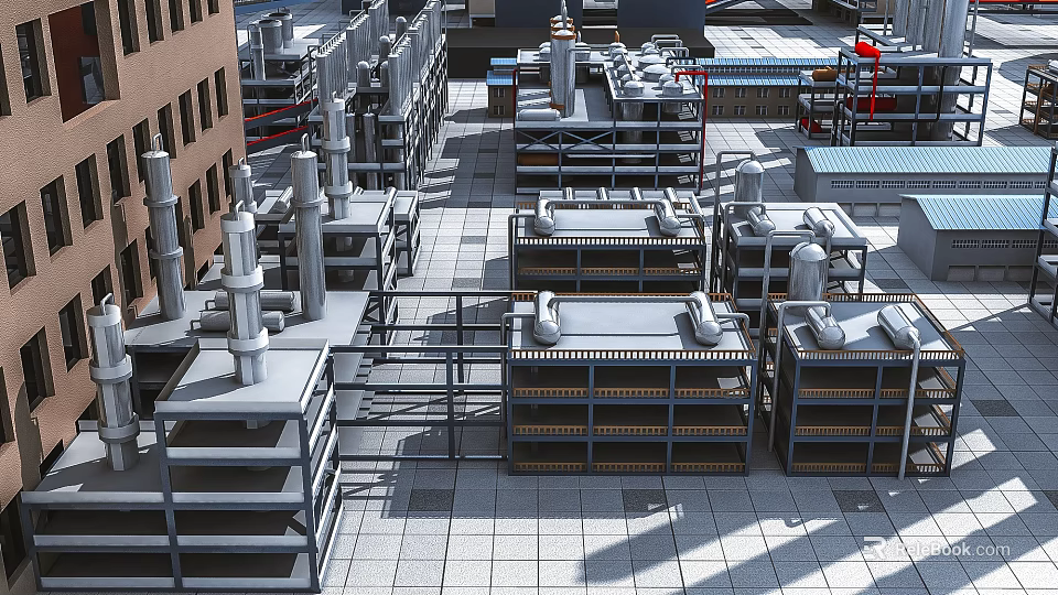 Industrial Factory Roof With Multiple Industrial Equipment Metal Pipes And Structures 3d model 