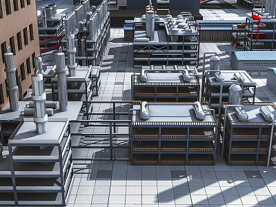Industrial Factory Roof With Multiple Industrial Equipment Metal Pipes And Structures 3d model