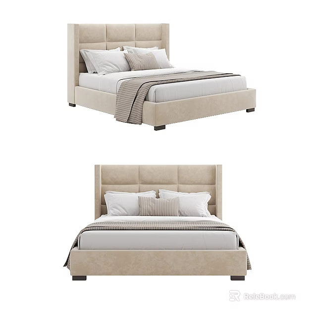 Modern Double Bed With Upholstered Headboard Pillows And Blanket Design 3d model