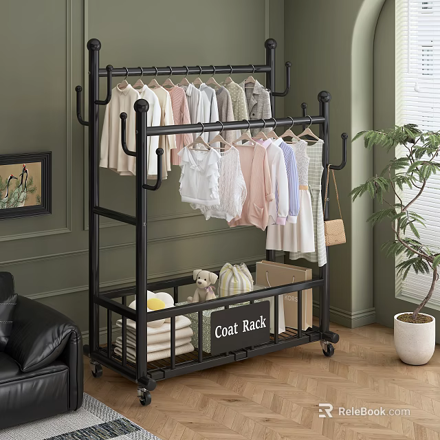 Black Mobile Coat Rack With Hanging Clothes And Storage Space In Home Interior 3d model