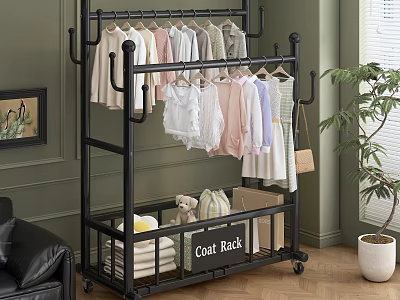 Black Mobile Coat Rack With Hanging Clothes And Storage Space In Home Interior 3d model