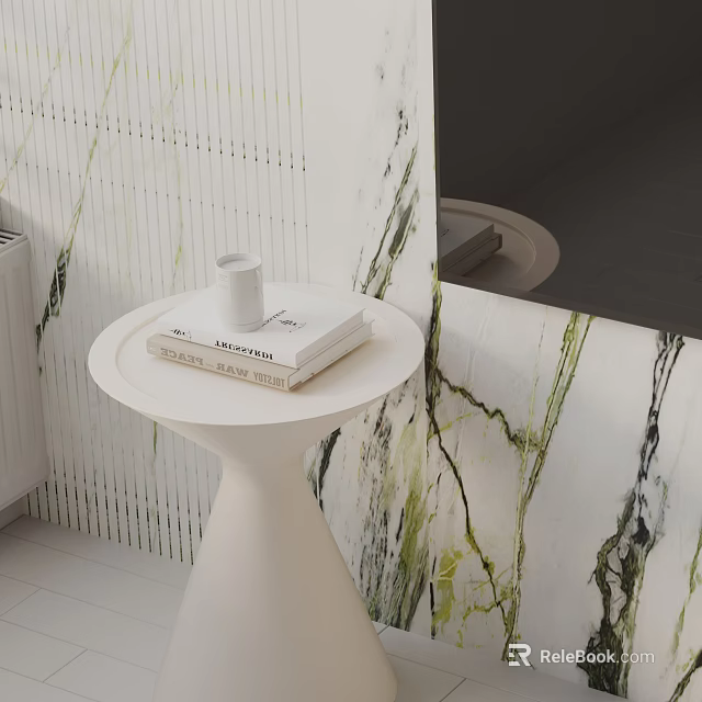 White Round Side Table With Books And Cup By Marble Textured Wall 3d model 