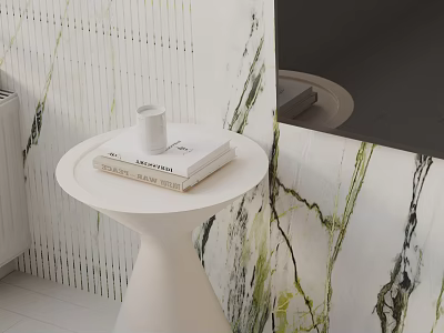 White Round Side Table With Books And Cup By Marble Textured Wall 3d model
