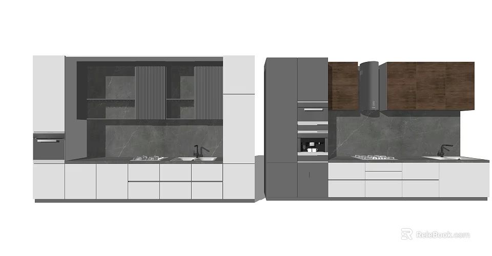 Modern Kitchen Interior With Gray White Cabinets And Wooden Accent Countertop 3d model 