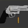 Silver Metallic Revolver With Black Grip And Orange Bullet On Dark Background