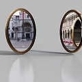 Oval Mirrors with Golden Carved Frames Reflecting Classic Architecture Details 3d model
