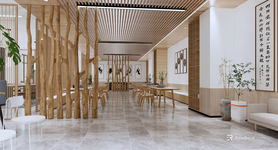 Traditional Tea House Interior Featuring Wooden Pillars Slatted Ceiling Gray Tiled Floor And Wall Art 3d model 