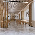 Traditional Tea House Interior Featuring Wooden Pillars Slatted Ceiling Gray Tiled Floor And Wall Art