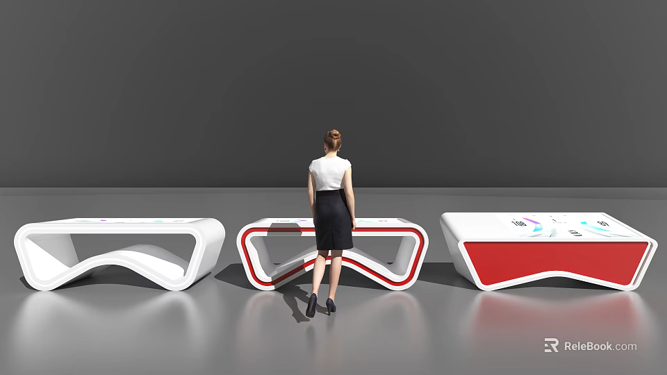 Modern Public Facility With Unique White Red Curved Tables And Information Display Equipment 3d model 