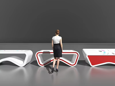 Modern Public Facility With Unique White Red Curved Tables And Information Display Equipment 3d model