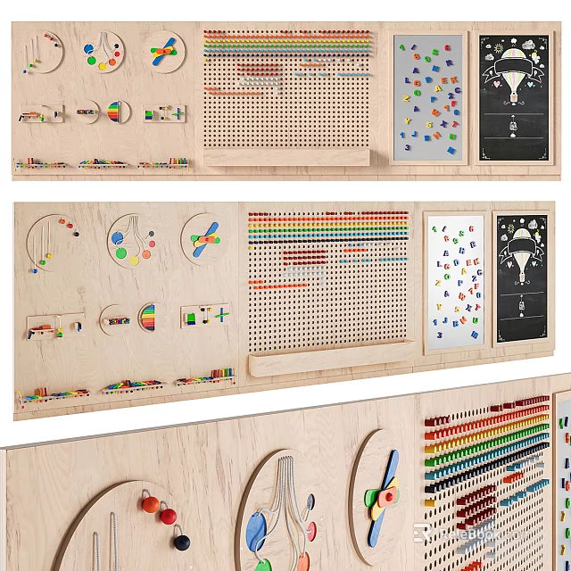 Wooden Wall Decor With Colorful Shapes Pegboard Charts And Learning Elements 3d model 