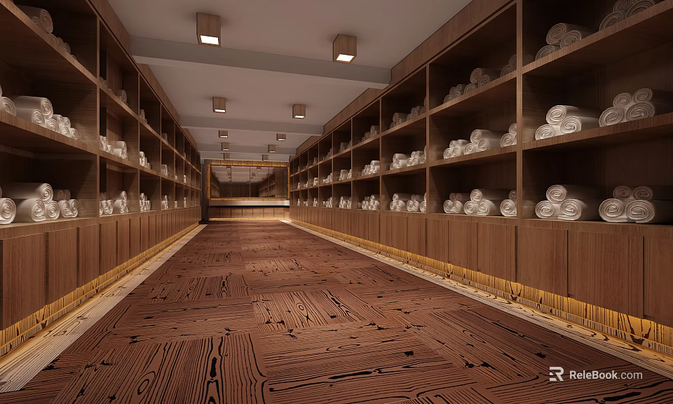 Elegant Club Interior With Long Corridor Wooden Shelves Stacked Towels And White Items 3d model 