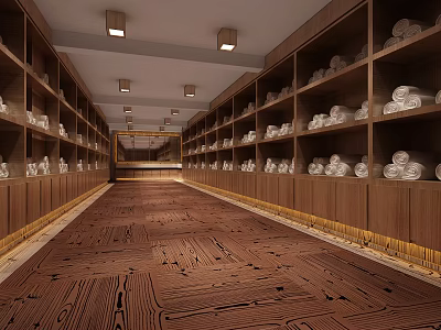 Elegant Club Interior With Long Corridor Wooden Shelves Stacked Towels And White Items 3d model