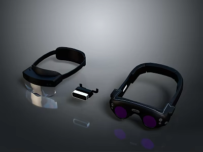 Modern Black VR Headsets with Purple Lenses and Small Accessory 3d model