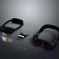 Modern Black VR Headsets with Purple Lenses and Small Accessory