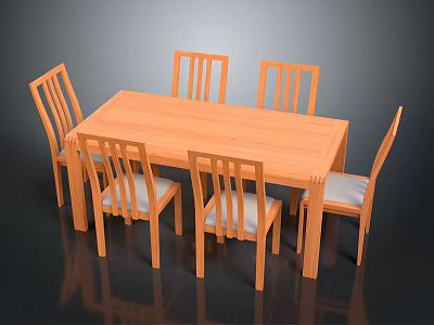 Wooden Dining Table Set with Rectangular Table and Six Light Colored Chairs 3d model