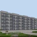 Modern Apartment Building Exterior With Multiple Floors Large Windows Green Landscaping And Street Lamps
