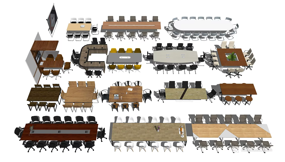 Diverse Conference Table Designs With Modern Shapes And Office Chairs 3d model 