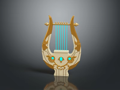 Ornate Golden Lyre Instrument With Blue Gemstones And Carved Decorative Details 3d model