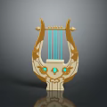 Ornate Golden Lyre Instrument With Blue Gemstones And Carved Decorative Details
