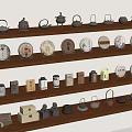 Wooden Shelves Displaying Traditional Tea Sets Teapots Trays And Canisters Collection